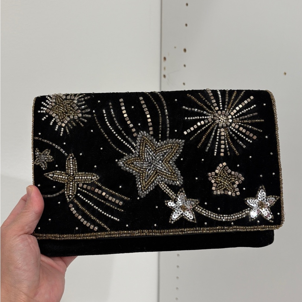 FRANCESCA’S Elegant Black and Gold Embellished Velvet Clutch